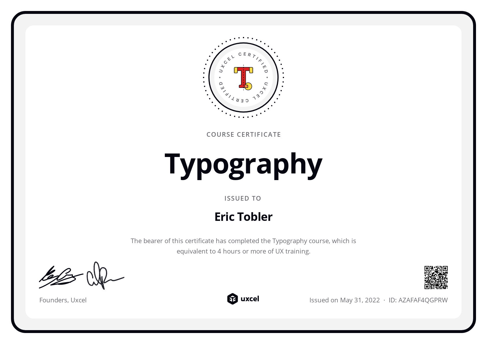 Eric Tobler's certificate